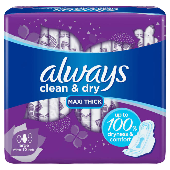 Buy Always Clean& Dry Sanitary Pads With Wings Large 30's online at